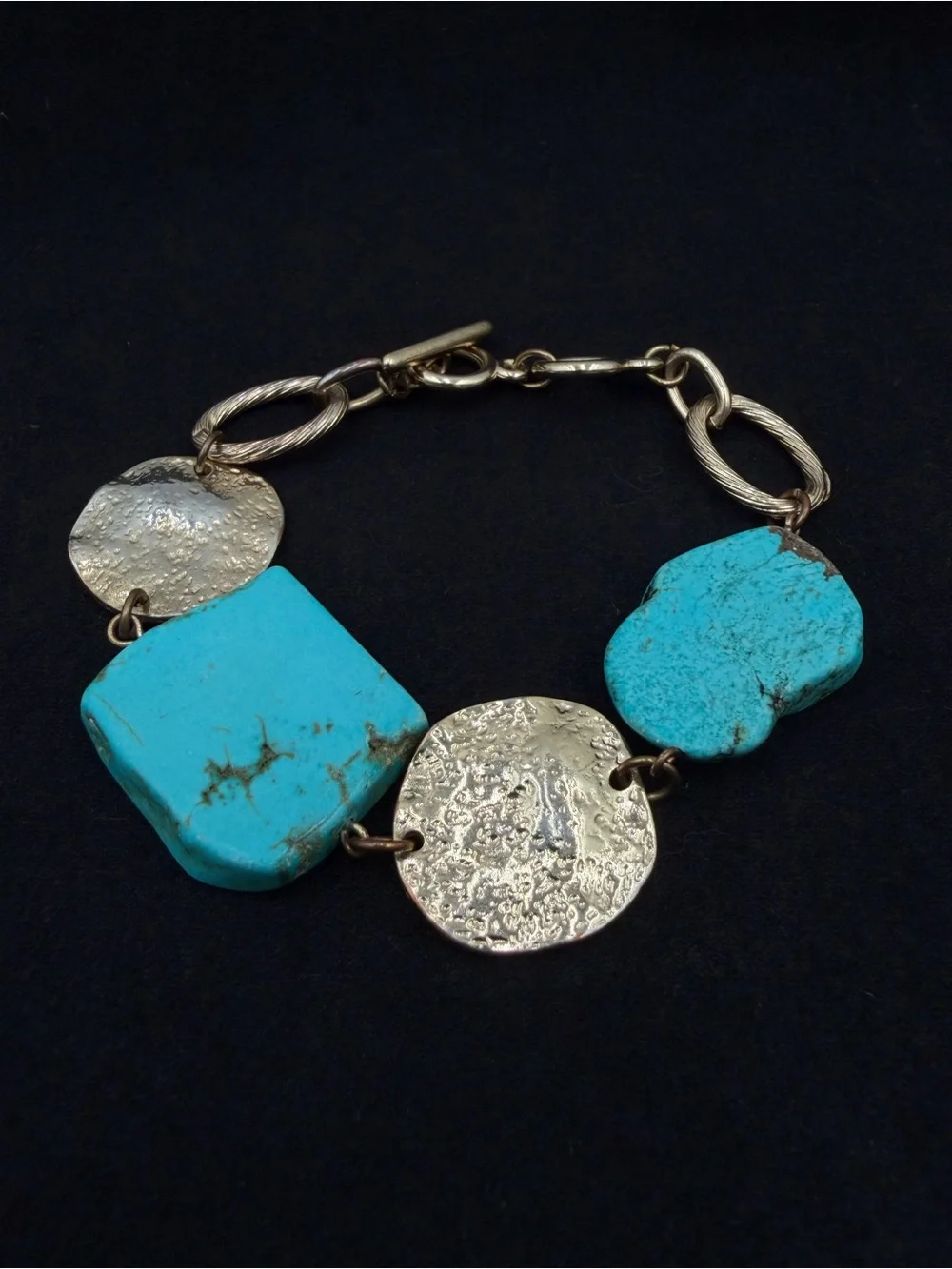 Faux Turquoise Slice and Hammered Metal Disk Bracelet